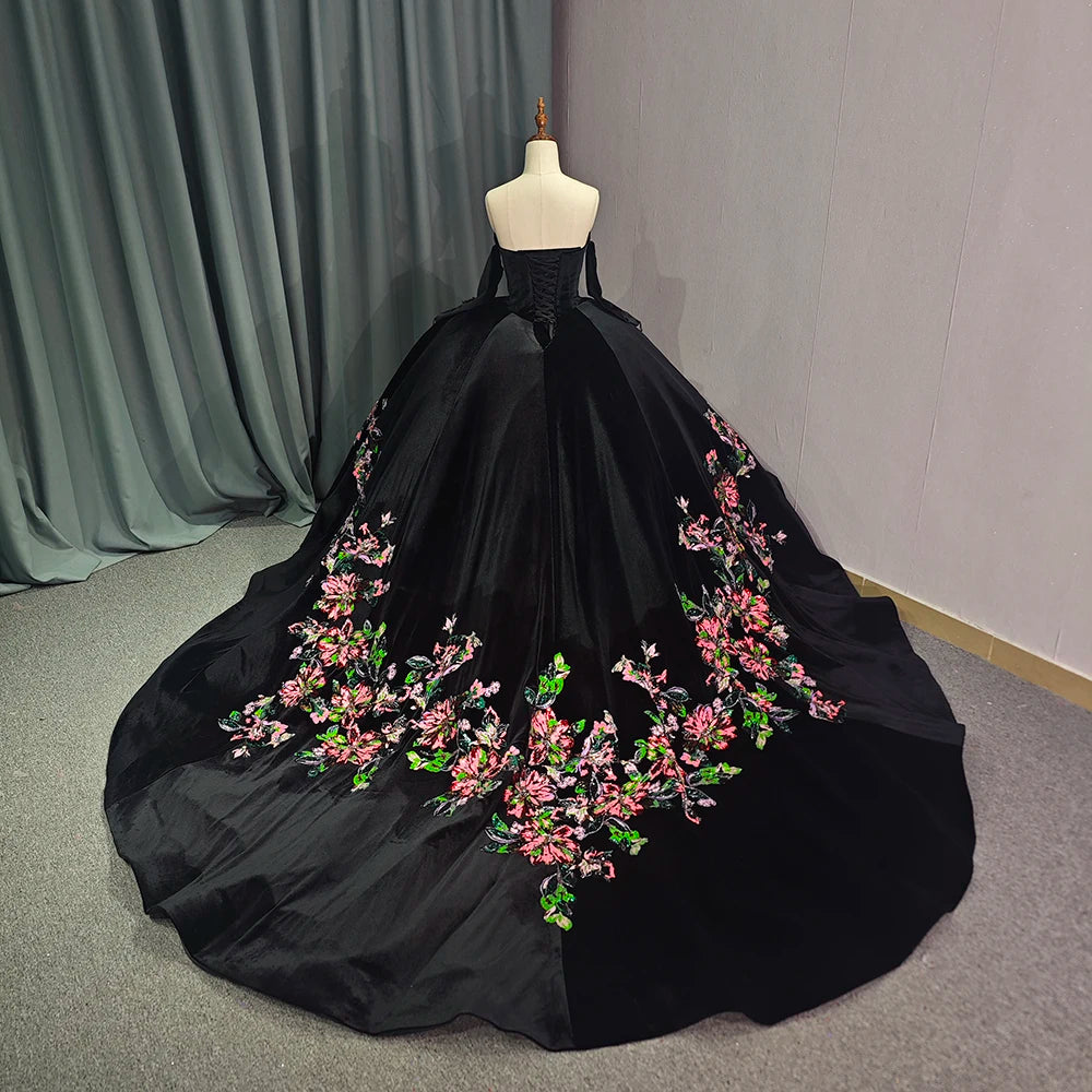 Black Off Shoulder Tulle Ball Gown Sweet 16 Dress Floral Prom Dress Party Dress 6708