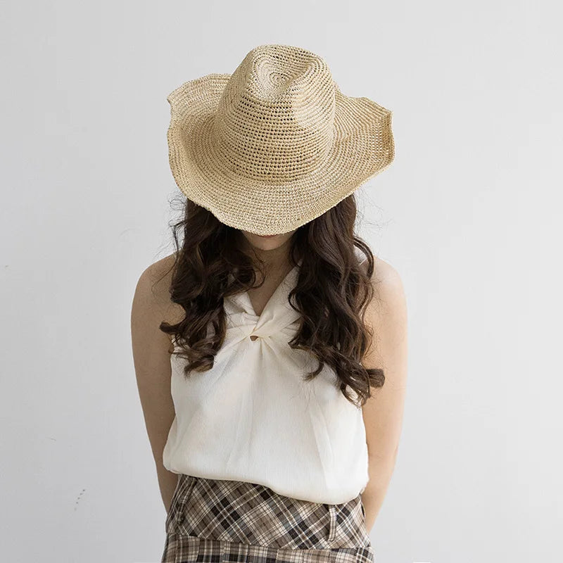 Chapeau de paille en raphia fait à la main de style designer d'été, chapeau de jazz Panama pour femmes, chapeau de soleil de haute qualité, chapeau de cowboy à bord droit