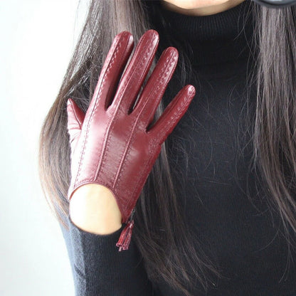 Guantes cortos de piel auténtica DooWay para mujer, color vino tinto oscuro, con cremallera en la muñeca, borlas y flecos, forrados con tecnología, cálidos para conducir en invierno y fiestas