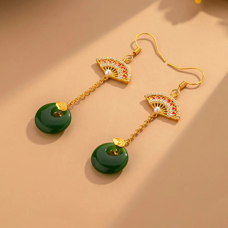 Golden enamel fan with emerald inlaid with diamonds and pearls earrings k gold Women's earrings Designer Luxury Jewelry Gifts