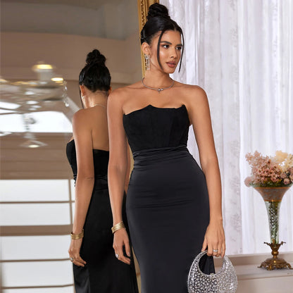 Suninheart Black Maxi Wedding Guest Dress Women Strapless Velvet Boning Corset Party Dress Sexy Satin Long Formal Occasion Dress