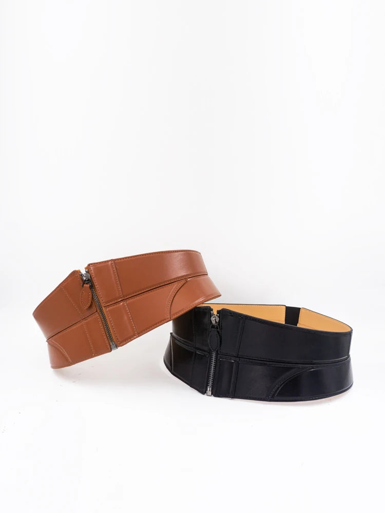 Ceinture large élastique rétro en cuir véritable marron clair pour femme, style rococo, fermeture éclair, taille ajustée, cuir de vache