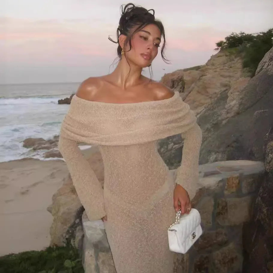 Robe longue en tricot sexy élégante pour femme, blanche, épaules dénudées, moulante, ajourée, au crochet, robe d'été, robes d'invitées de mariage, tenues de plage