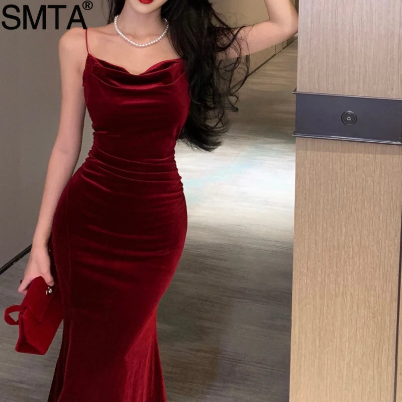 Robe de soirée rouge sexy vintage pour femme, tenue de soirée élégante à bretelles spaghetti et fente en velours, tenue de plage moulante mi-longue