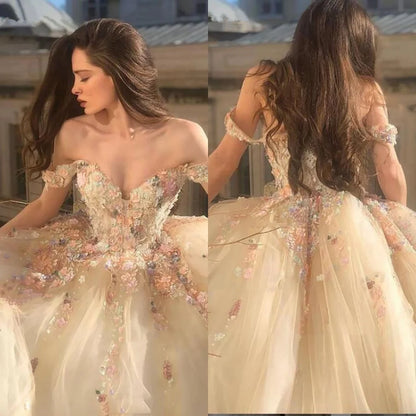 Robe de soirée longue en tulle avec appliques froncées, ligne A, épaules dénudées, sur mesure