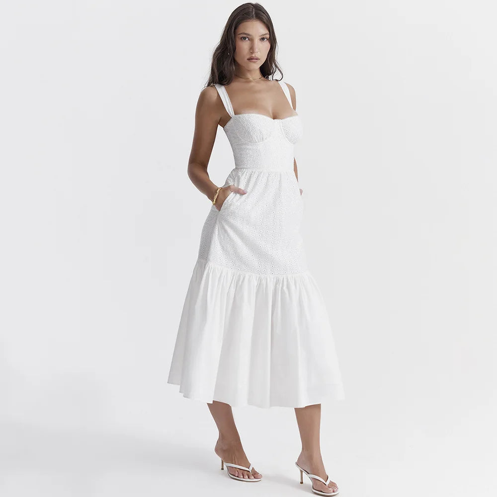 Oligai Vestido blanco informal de verano elegante con tirantes finos por debajo de la rodilla Vestidos de fiesta Encantadores vestidos de fiesta de cumpleaños Ropa de mujer