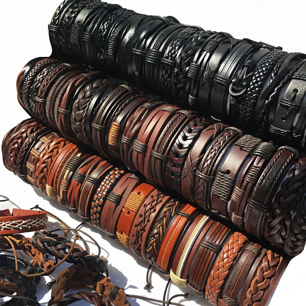 50PCS/set Wholesale Lots Bulk Random Punk Men's Leather Bracelets Femme Pulseras Bileklik Couple Bracelet Men Jewelry WP2