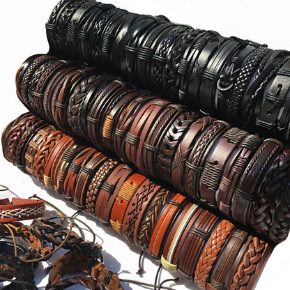 50 piezas/juego de pulseras de cuero estilo punk para hombre, venta al por mayor, al por mayor, al por mayor, pulseras de mujer, pulseras de pareja, joyería para hombre WP2