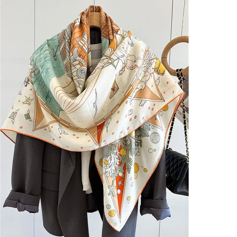 Womens Luxury Wool Blanket Scarf Shawl Extra Large Square Winter Warm Scarves Cape Double Sided Printing 132x132CM