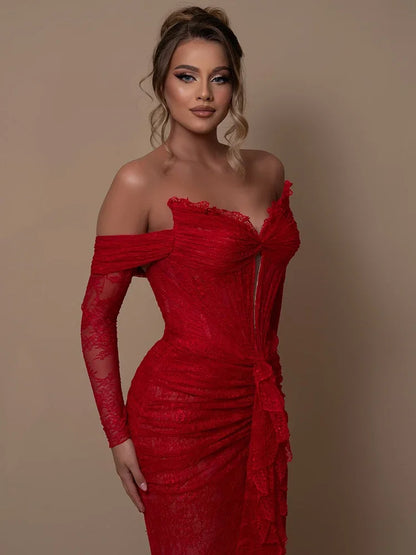 Party Dresses for Women Off Shoulder Long Sleeves Red Lace Mermaid Maxi Gown Formal Occasion Fashion Summer 2024