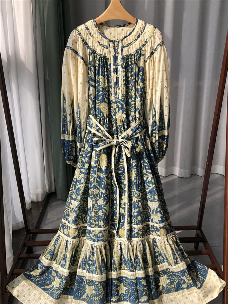 Robe à lacets à manches longues et col rond pour femme, longue robe colorée à imprimé floral, nouveauté pour les vacances, printemps 2024