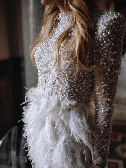 Modest High Collar Long Sleeve Wedding Dress Sparkly Pearls Sequins Dress For Bride Luxury Feathers Bridal Gown Robe De Mariée