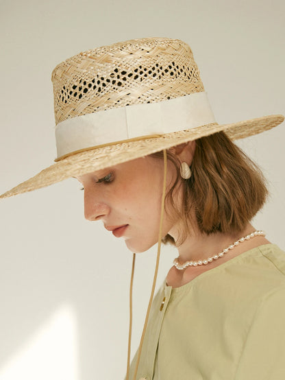 USPOP Femmes Printemps et Été Nouvelle Mode Protection Solaire Chapeau de Soleil avec Cravate Chapeau de Paille Tissé à la Main Creux Sisal Plat Haut Chapeau de Paille