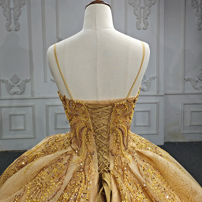 Robe de demoiselle d'honneur longue de soirée formelle en perles dorées, robe de bal en organza, bretelles spaghetti, col carré, plissée, lacets DY6581