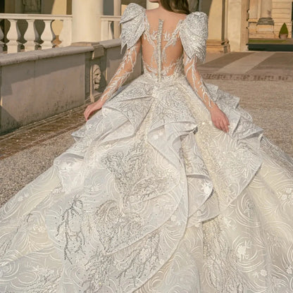 Elegante vestido de novia de manga larga con apliques y escote en V para novia, vestido de novia largo hasta el suelo brillante