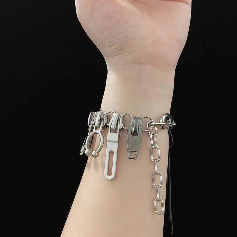 Conjunto de collar y pulsera con cremallera estilo cyberpunk para hombre y mujer, cadena con flecos, gargantilla estilo hip hop Y2k, accesorios de joyería