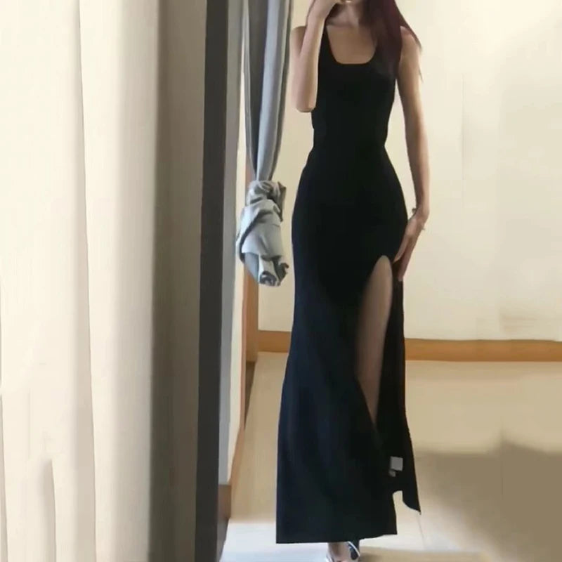 Vestido sexy de tirantes finos con abertura alta de Rimocy para mujer, vestido ajustado negro de verano 2024, vestido largo de fiesta sin mangas para mujer