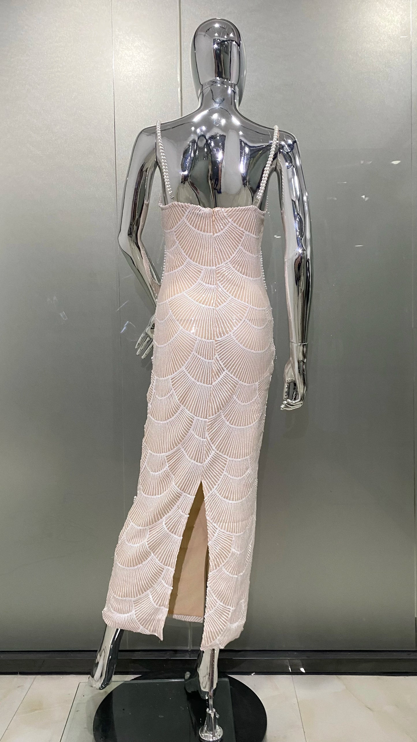 High Quality Women Sexy Pearl Beading Sequins Bodycon Mid-calf Dress Fashion Celebrate Evening Party Birthday Dress Wholesale