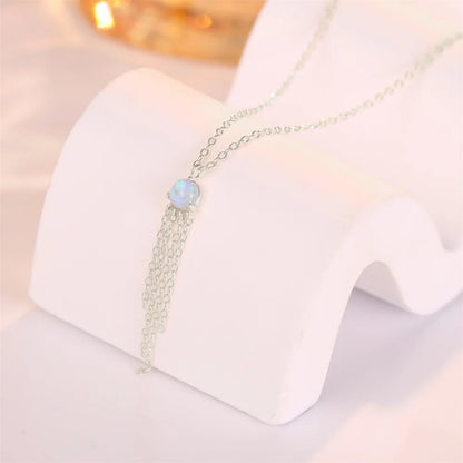 Aide 925 Sterling Silver Opal With Long Tassel Chain Pendant Necklace For Women High Quality K Gold Collar Elegant Fine Jewelry