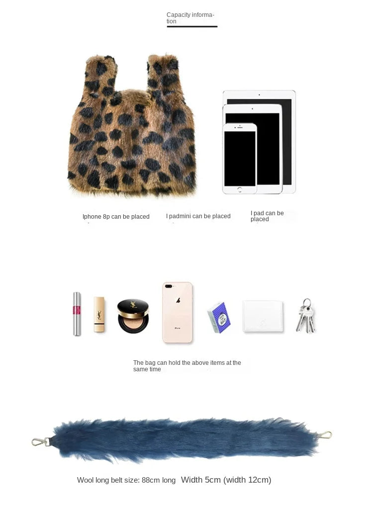 Luxury Fashion Real Fur Women's Bag Chain Leopard Fur Small Square Bag Ladies Handbags Real Mink Fur Shoulder Crossbody Bags