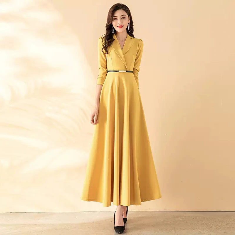 Nuevo vestido largo de primavera y otoño para mujer, elegante vestido ajustado de manga larga con cuello de traje a la moda, vestido amarillo sencillo y largo