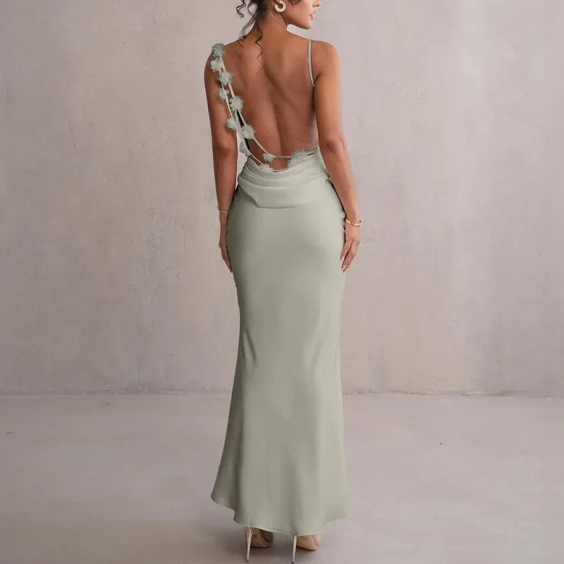 Robe de mariée élégante à fleurs 3D pour femmes, en satin, dos nu, bretelles spaghetti, robe longue de soirée, de fête d'anniversaire, de retour à la maison