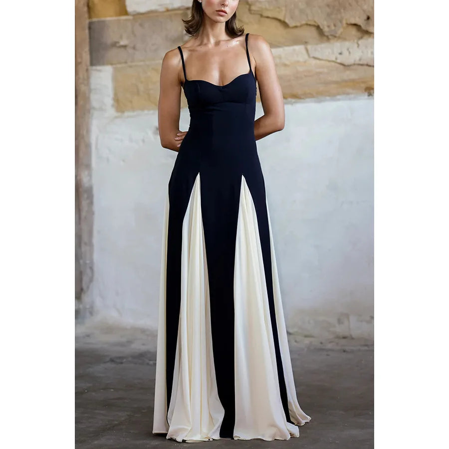 Elegant Contrast Patchwork Sling Dress Vintage Sleeveless V Neck Suspender Bandage Luxury Evening Prom Robe Wedding Guest Dress