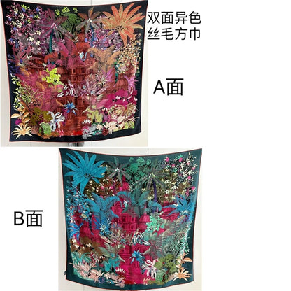 Women Blanket Scarf Shawl Cape 70% Wool 30% Silk Double-sided Printed Wraps for 2023 Autumn Winter