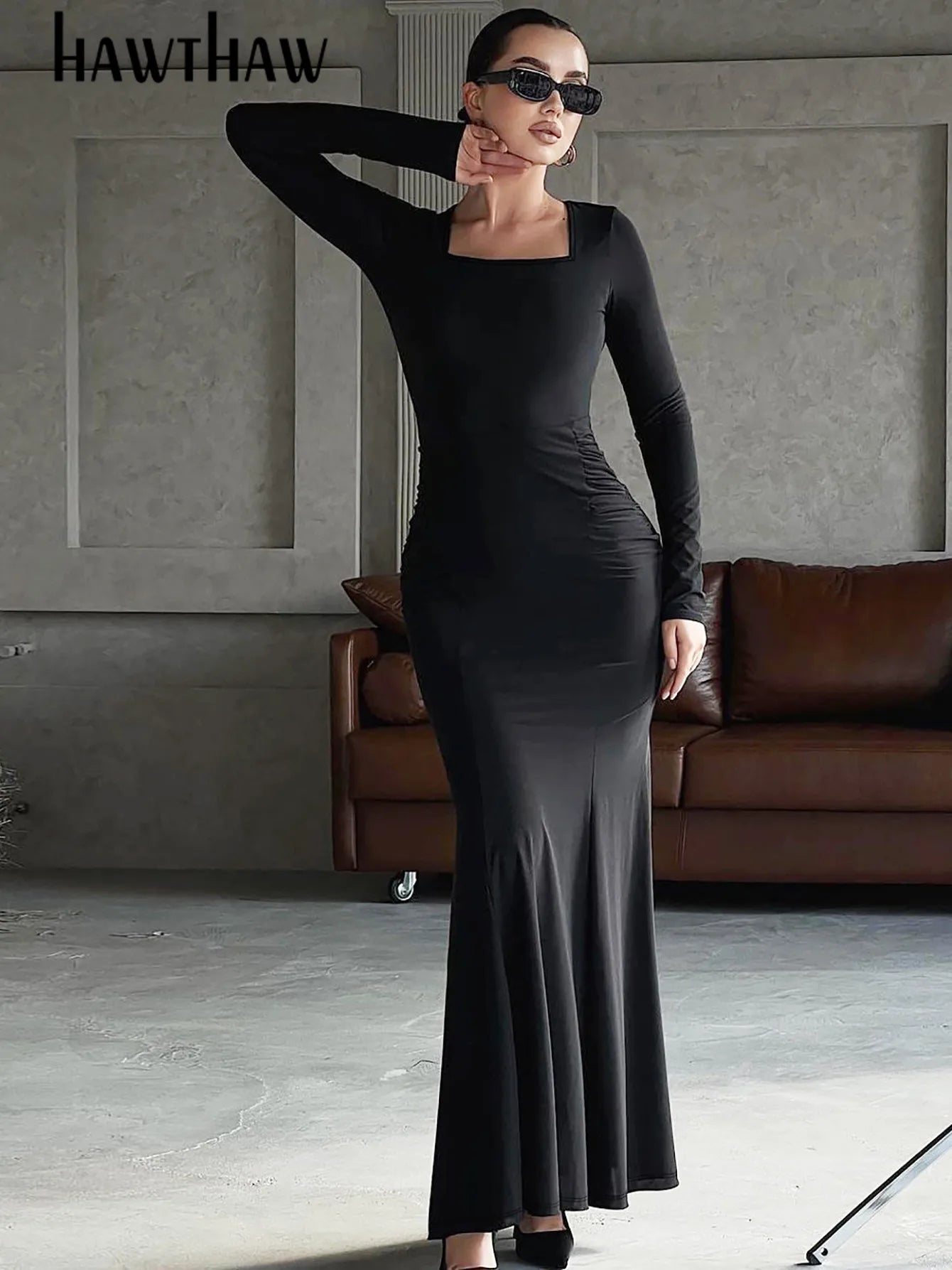 Hawthaw Women 2024 Spring Autumn Fashion Long Sleeve Bodycon Solid Color Basic Black Long Dress Wholesale Items For Business