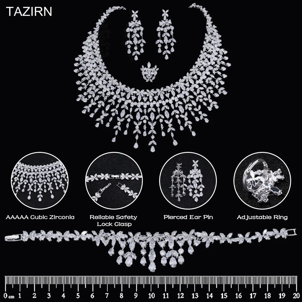 TAZIRN Ensemble de bijoux de mariage de luxe en zircone cubique 5A pour femmes, ensemble de bijoux arabes de Dubaï pour fête, bal, anniversaire, 2/4 pièces, accessoires de mariée en zircone cubique