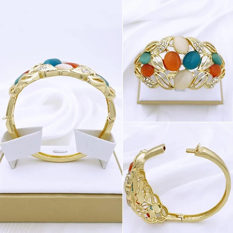 Vintage Opal Jewelry Set For Women Luxury Design Necklace Earrings Bracelet And Ring 18K Gold Plated Dubai Nigeria High Quality