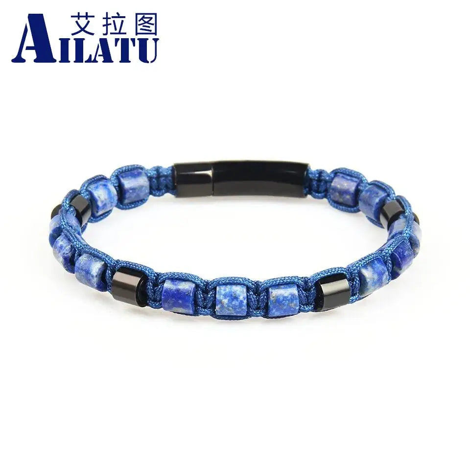 Ailatu 10 piezas/lote nueva pulsera de la amistad, 6 mm, ojo de tigre, piedra lapislázuli, cuentas cilíndricas de ónix negro, joyería de acero inoxidable para hombres