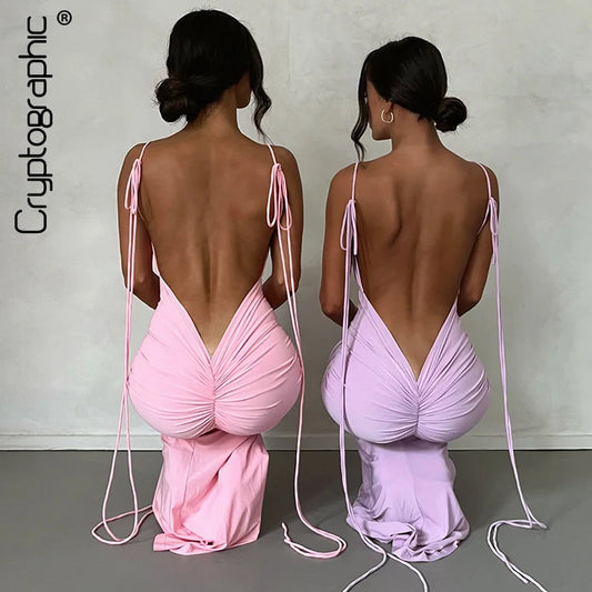 Cryptographic Spaghetti Strap Sexy Backless Maxi Dress Outfits Women Elegant Birthday Vestido Summer Club Party Ruched Dresses