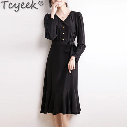 Tcyeek 100% Mulberry Silk Dress Ladies Elegant Women's Dresses 2024 Spring Summer Clothes High-end Long Sleeve Dress Belt Waist