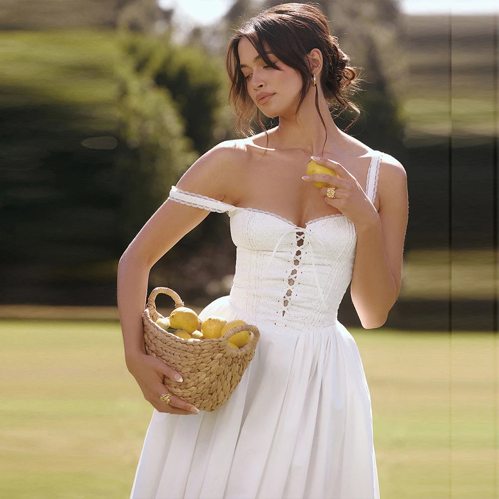 Robe d'été blanche en jacquard Oligai 2024 Nouveautés Robes de soirée élégantes mi-longues à bretelles spaghetti blanches à lacets Vêtements pour femmes