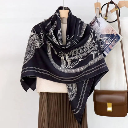 Black Horse Print Cashmere Silk Wool Scarf Winter Soft Warm Shawl Head Stole Wrap Bandana for Women Scarves 135cm