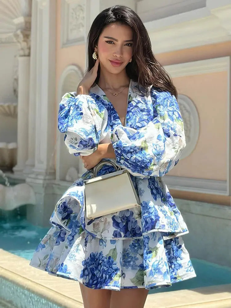 Elegant Flower Printed Ruffles Layered Mini Dress Chic V Neck Puff Long Sleeved A Line Dresses Fashion Lady Evening Party Gown