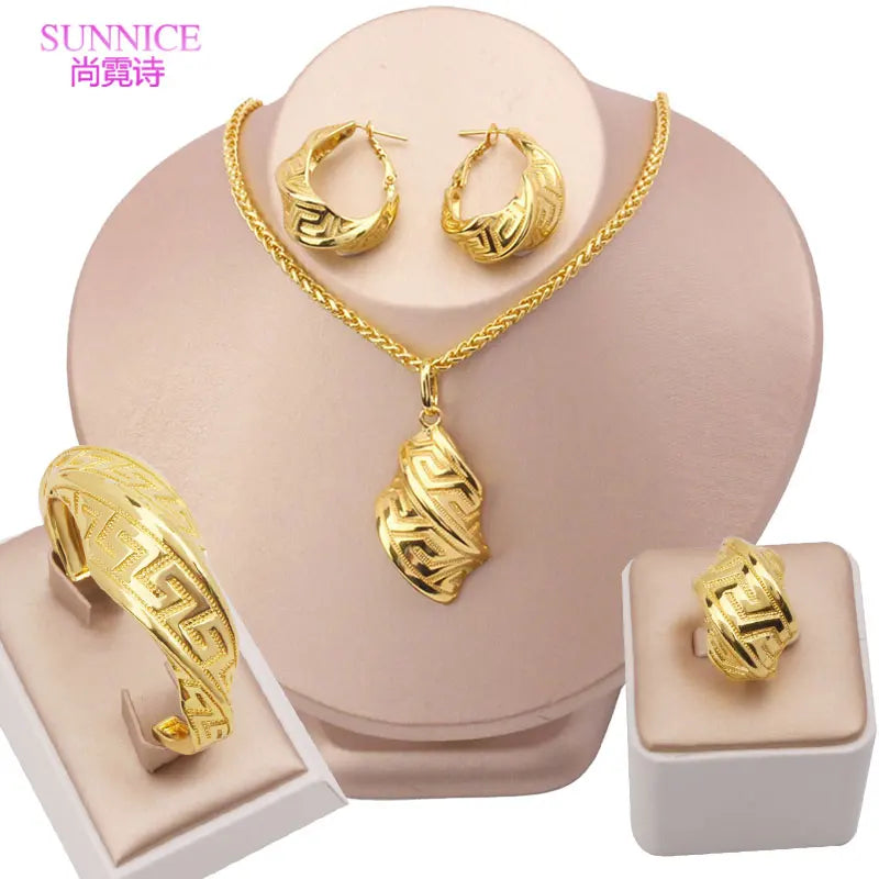 Conjuntos de joyas de color dorado para mujer de Dubái, collar, clips, pendientes, anillo, pulsera, colgante, conjunto de joyas nupciales africanas para boda