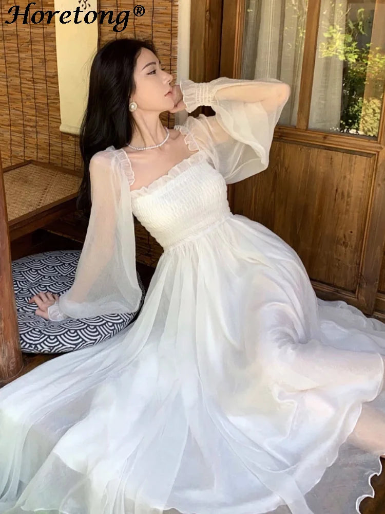 Horetong Élégant Maxi Robes Pour Femmes Blanc Épaule Dénudée Bouffante Manches Longues Élastique Taille Haute Robe De Soirée À Volants Robe De Vacances