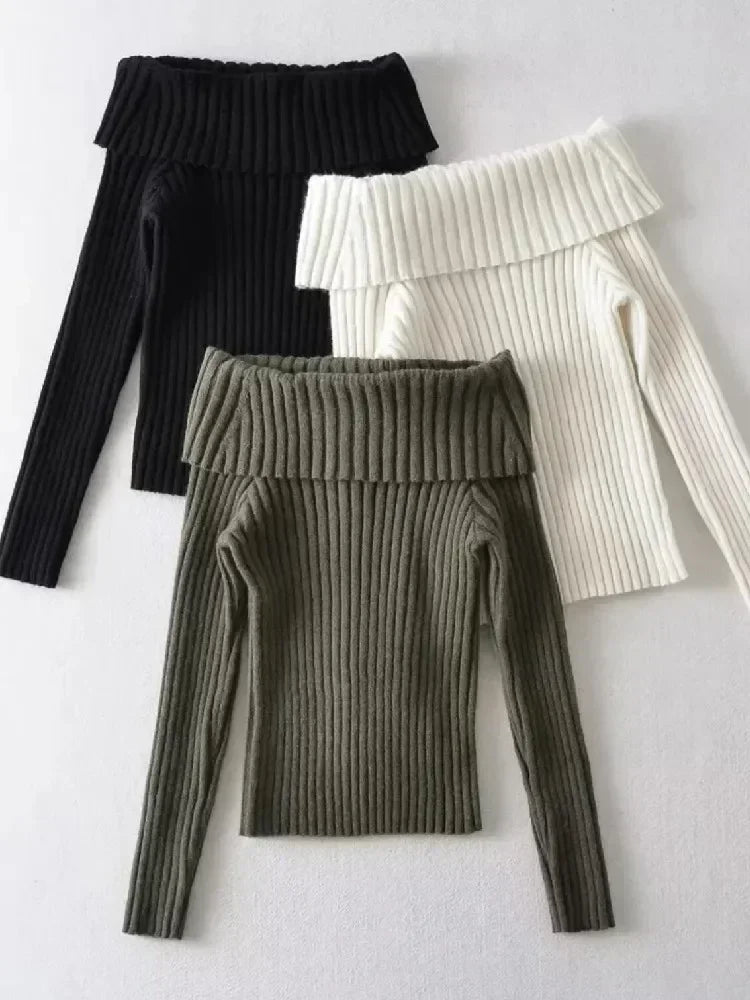 Oligai Autumn Winter Rib Knitted Off The Shoulder Pullover Sweater Sexy Women Full Sleeve Sweater Pullovers Elegant Jumpers