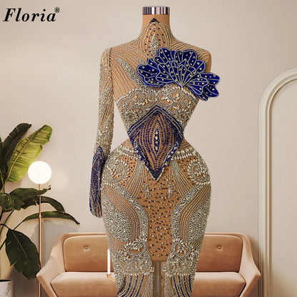 Fully Beaded Mermaid Prom Dresses For Women One Shoulder High Neck Cocktail Dresses Vestidos De Noche Engagement Dresses