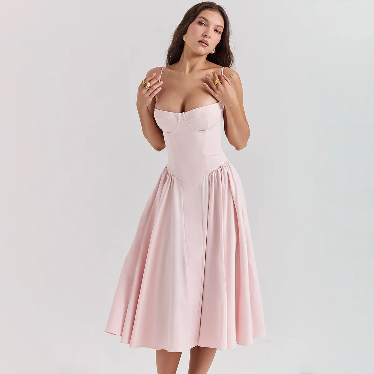 Robe mi-longue sexy à col en V pour fille oligai, tenue de printemps européenne et américaine pour femmes, taille fine, robe à dos nu