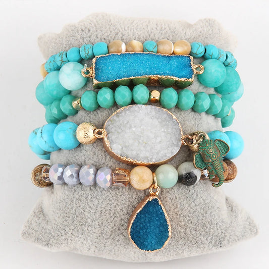 New Designer Boho Beaded Bracelet Set Natural Stone & Druzy 5pc Bracelets Bangles Set For Fashion Jewelry