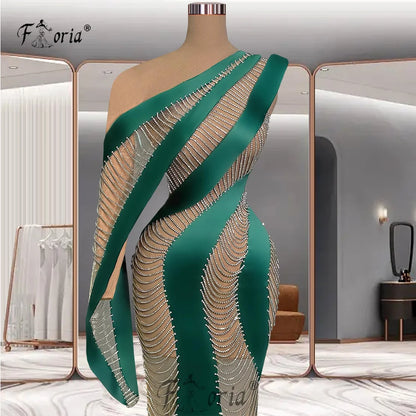 Special Occasion Green Tassels Mermaid Formal Evening Dresses Crystal See Through One Shoulder Celerbrity Party Dress Robe Soire