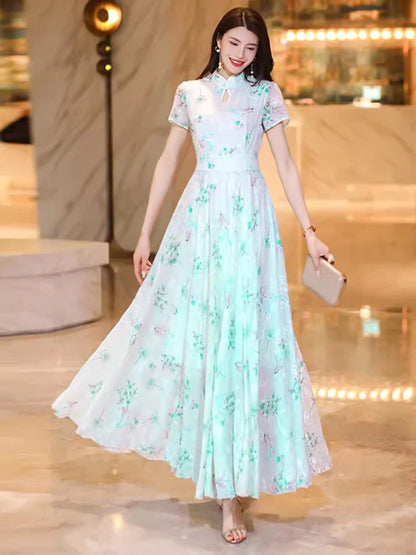 New Women Summer Chinese Style Long Dress Fashion Chi-pao Collar Short Sleeve Ankle-Length Dress Elegant Green Jacquard Dress