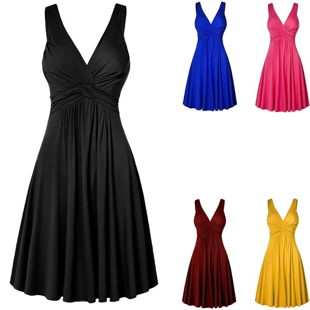 Retro Flare Skirt Dress Women Sexy Slim Casual Pleated Dresses Ladies V-Neck Vestidos Prom Wedding Evening Party Night Clothing