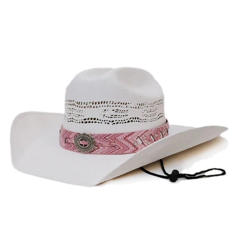 Sombrero de vaquero con ala ancha estilo occidental americano con cinturón de cuero rosa para mujer, paja dura ahuecada, estilo playero, de 55 a 61 cm