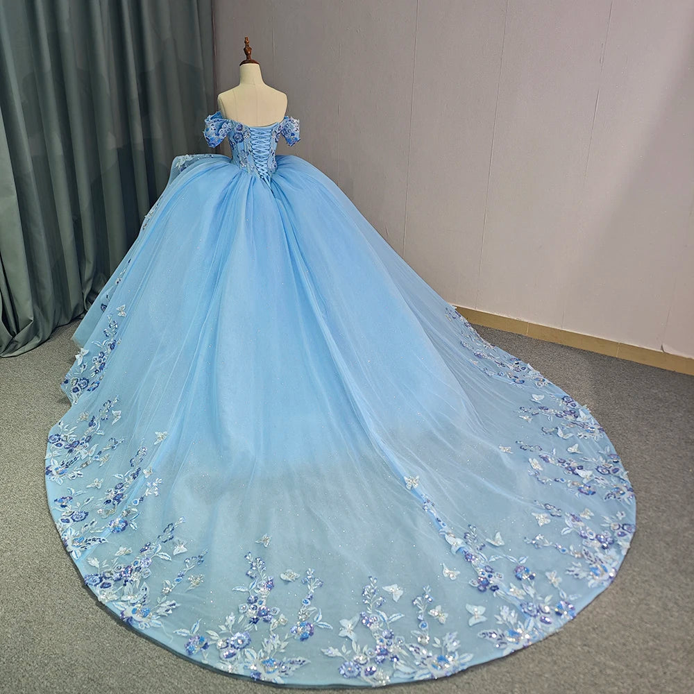 Jancember Bule Off-Shoulder Ball Gown Quinceanera Dresses Vestidos De 15 Anos Formal Princess Birthday Party Gowns DY6738