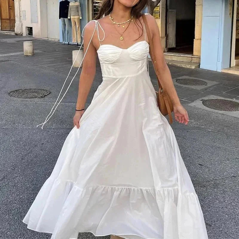 Vestido playero plisado con dobladillo con volantes para mujer, vestido elegante de tubo liso sin mangas con espalda descubierta, vestidos largos de corte A, bata sexy de verano con cordones para mujer