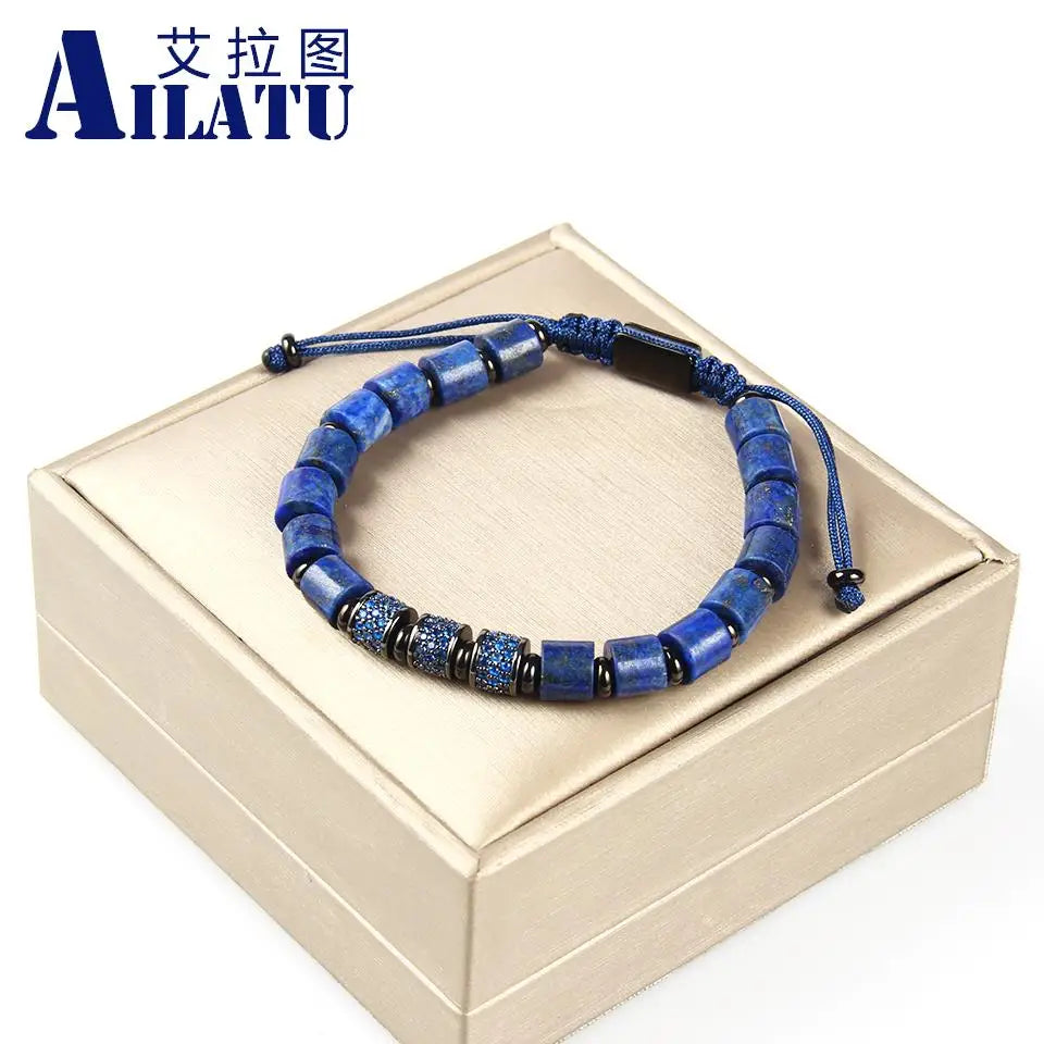 Ailatu 10pcs/lot Luxury Blue Cz Cylinders Men's Braiding Bracelet with Natural Lapis Stone Top Quality